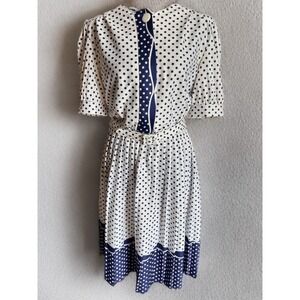 Vintage 1980s Blue and White Polka Dot Dress Puff Sleeves Pleated Skirt 8 Petite